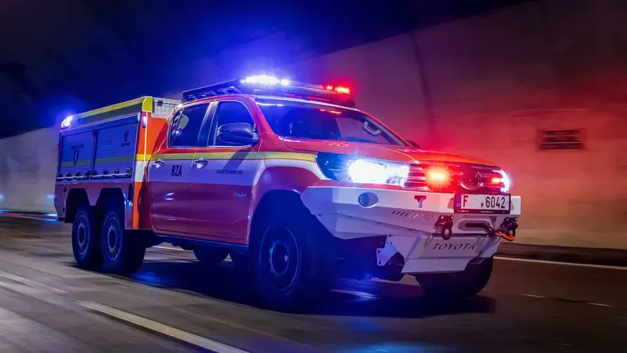 This Toyota Hilux fire truck has six wheels and was created specifically for electric vehicle fires.
