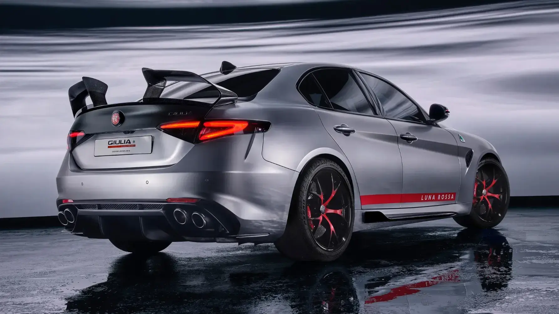 Alfa Romeo Giulia Luna Rossa front view showing signature Trilobo grille with special edition badging and LED headlights