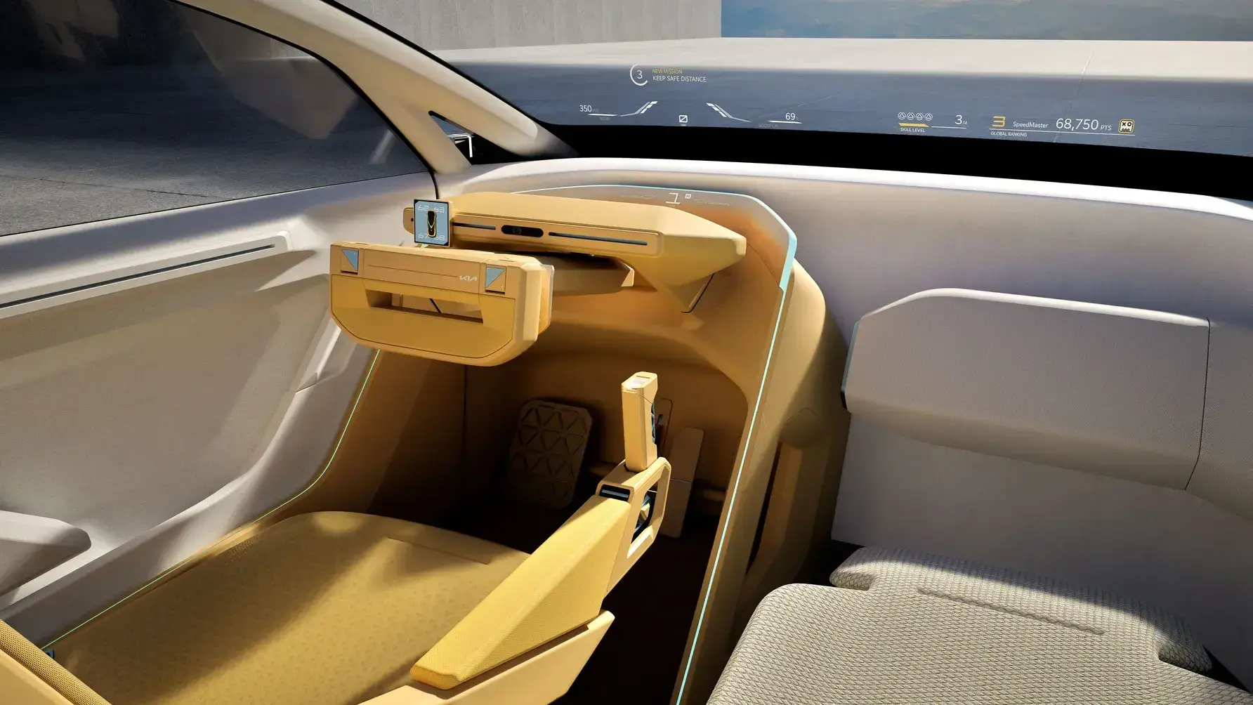 Kia Meta Turismo concept interior showing radical steering wheel design and minimalist cabin layout