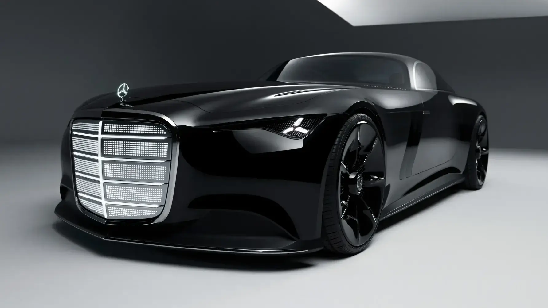 Mercedes Vision Iconic Concept - Front three-quarter view Mercedes-Benz Vision Iconic Concept electric luxury coupe with illuminated grille and Art Deco styling