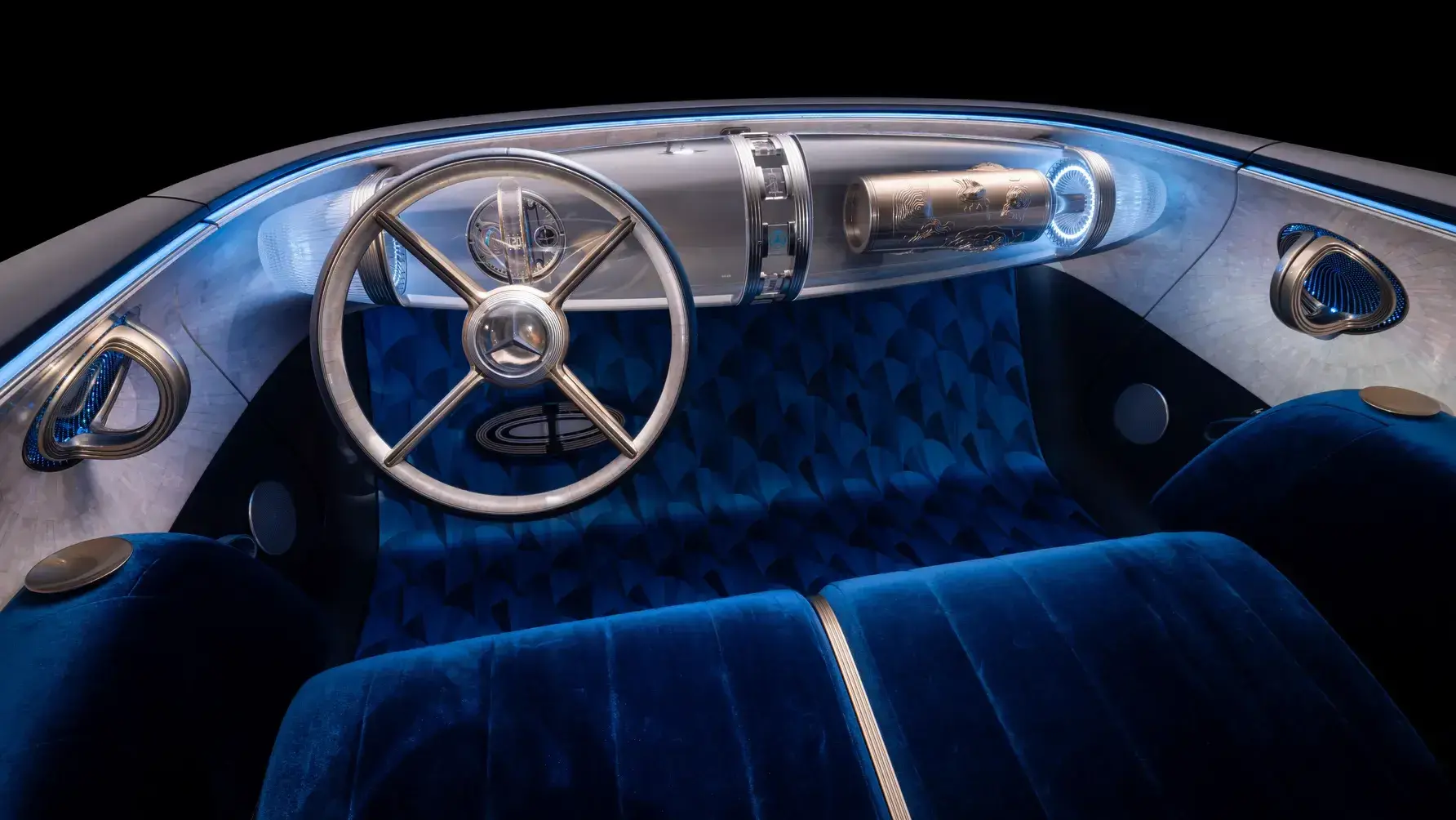 Mercedes Vision Iconic Concept interior with Art Deco design, floating glass dashboard, and blue velvet upholstery