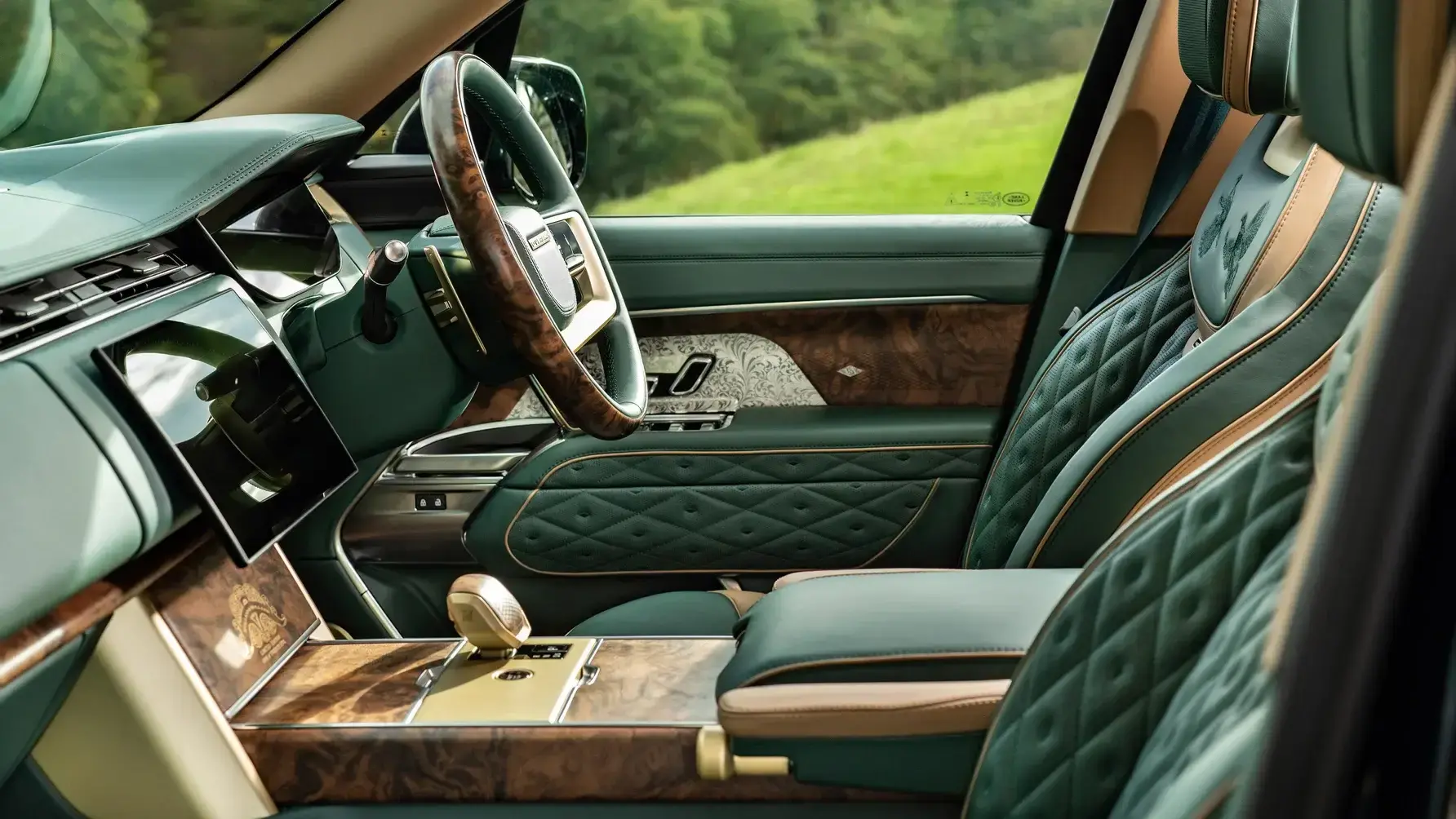 Overfinch Holland and Holland Edition interior showing London Tan leather seats with Harris Green accents and hand-engraved walnut veneer
