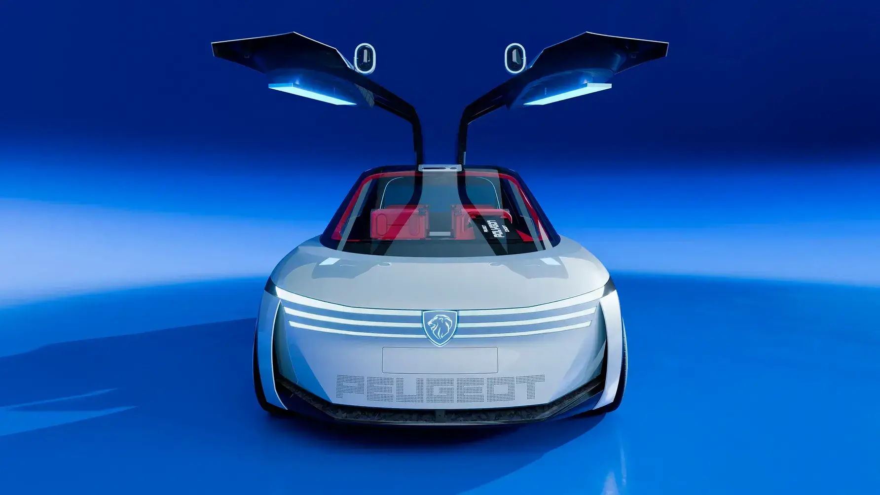 Peugeot Polygon concept front view showing three-stripe LED claw lights and feline stance
