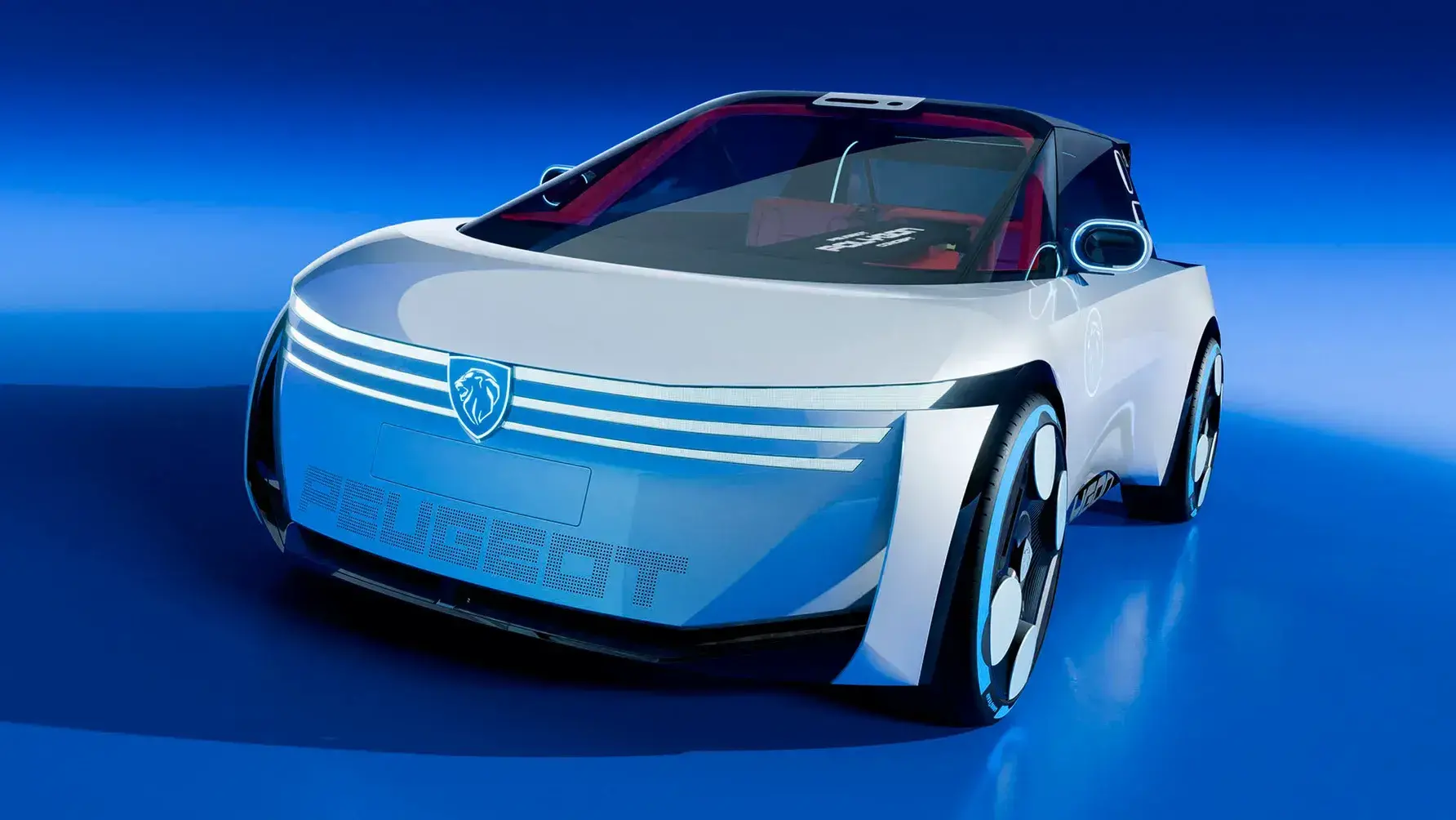 Peugeot Polygon concept car showcasing futuristic design with gullwing doors and LED lighting