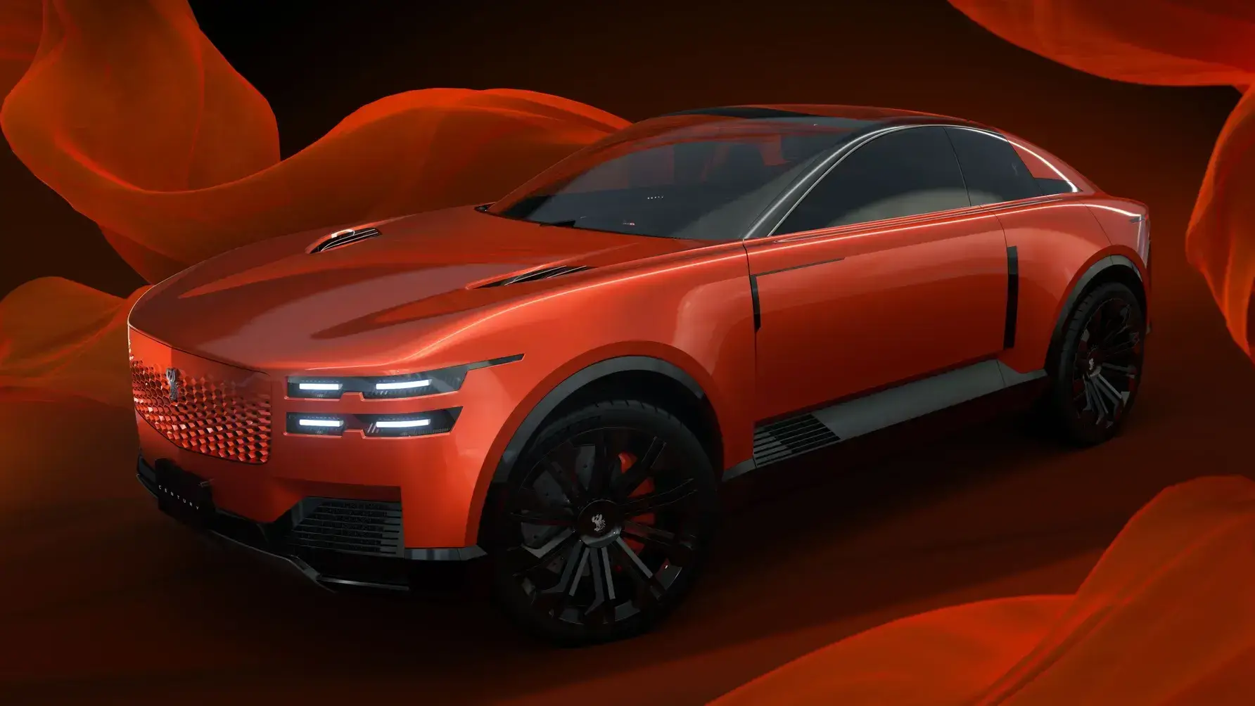 Toyota Century Coupe 2025 in striking orange finish displayed at Tokyo Mobility Show - front three-quarter view showcasing elevated stance and sweeping grand tourer proportions