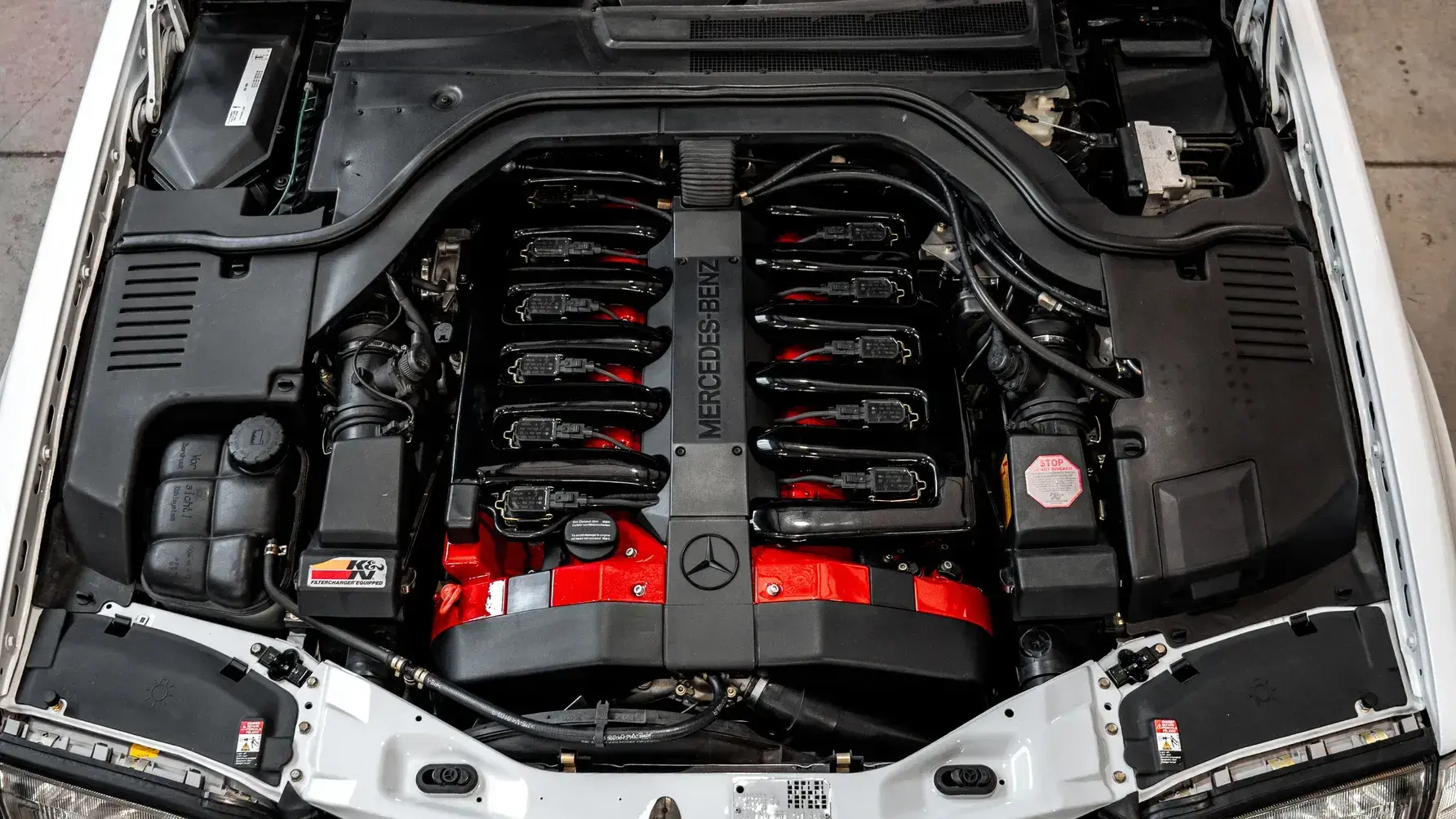 Mercedes-Benz M120 V12 engine bay in Vilner W140 with K&N air filter upgrade