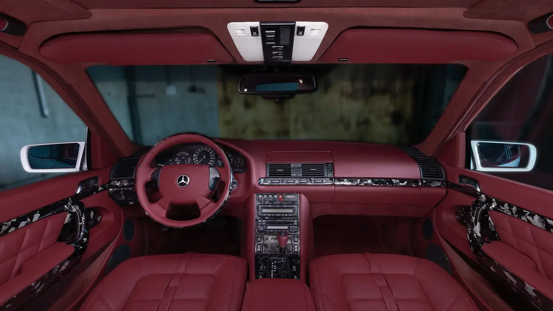 Vilner Mercedes W140 custom interior with barn red leather and Alcantara upholstery